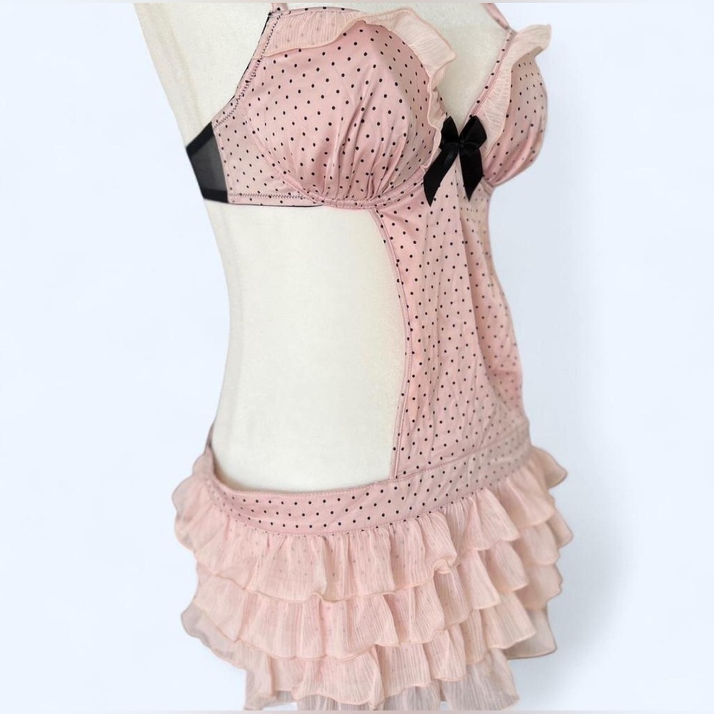 NWT La Senza Pink Black Polka‎ Dot Ruffle Lingerie Set Medium
